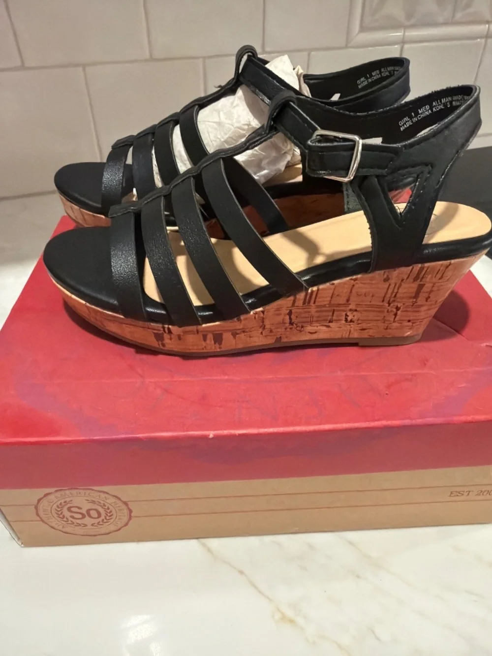 SO Girls black wedge sandal size 1 new in box